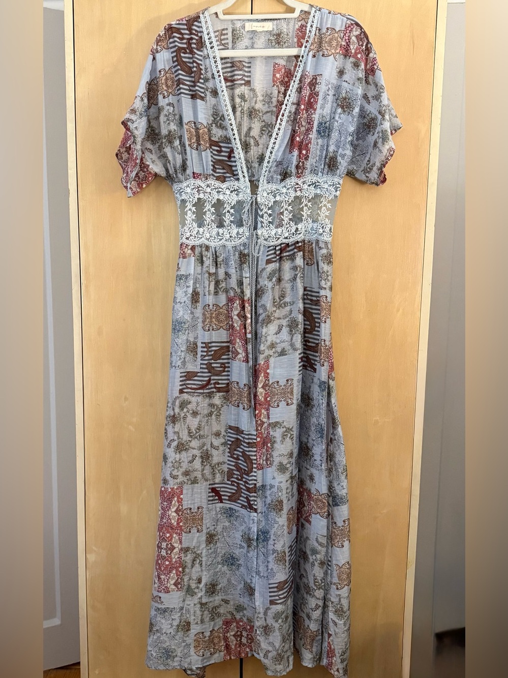 Franco Boho Lace-Trim Patchwork Maxi Dress Light Blue Floral